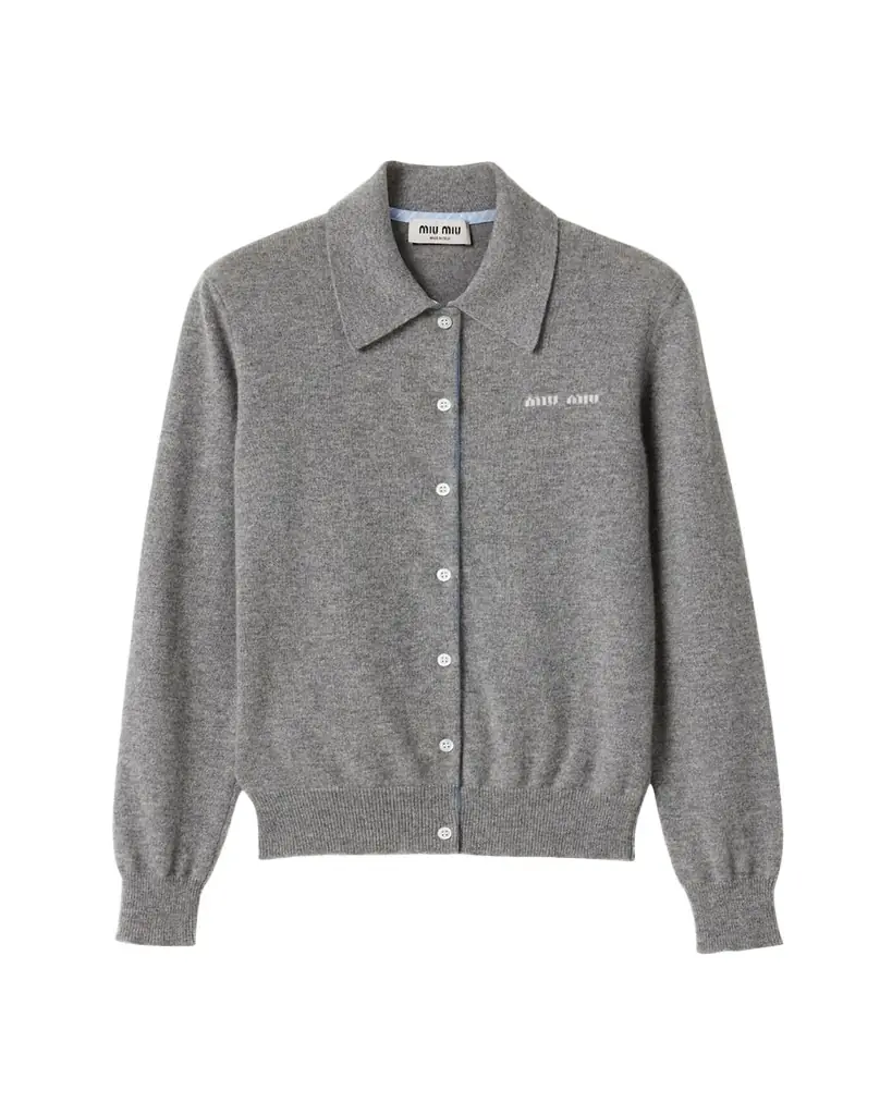 Miu Miu Intarsia Logo Cashmere Cardigan