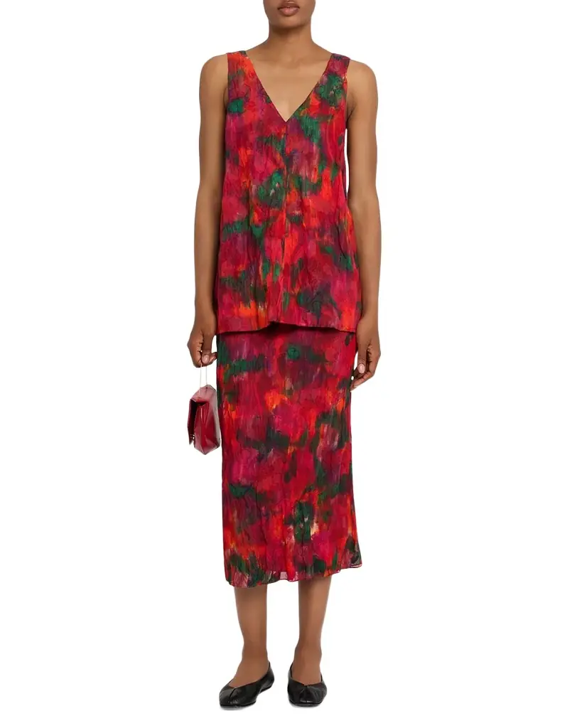Lafayette 148 New York Abstract-Print Crinkled Cotton Midi Skirt
