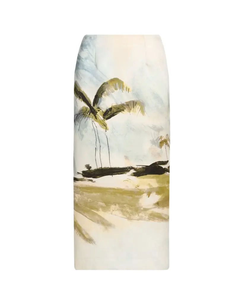 Oscar de la Renta Palm Tree Satin Midi Pencil Skirt