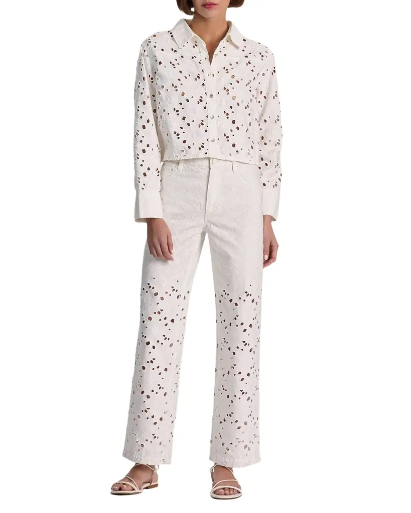ALICE + OLIVIA Finely Laser-Cut Denim Cropped Shirt