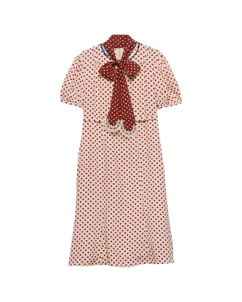 Prada Polka-Dot Silk Puff-Sleeve Midi Dress