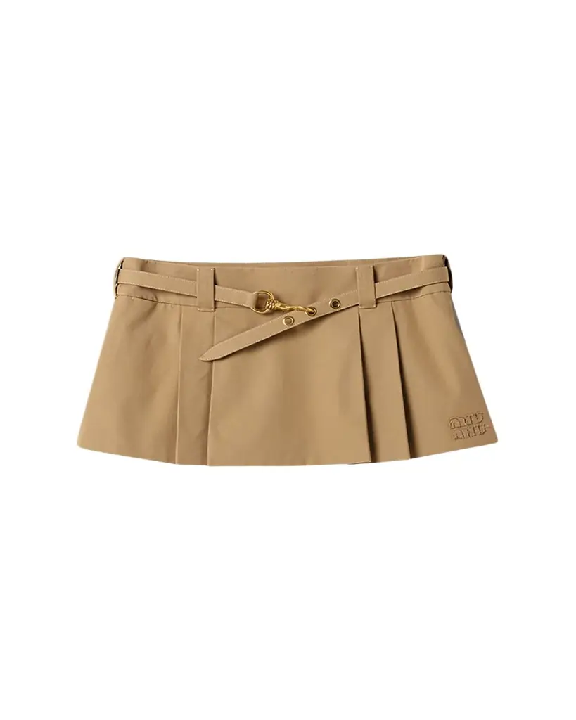 Miu Miu Belted Pleated Cotton Gabardine Mini Skirt