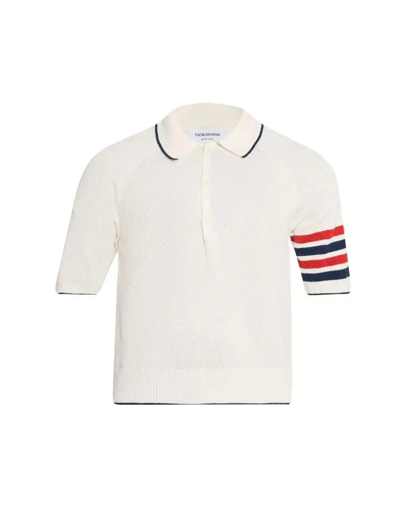 Thom Browne Men's Linen and Cotton Knit 4-Bar Sleeve Polo Shirt