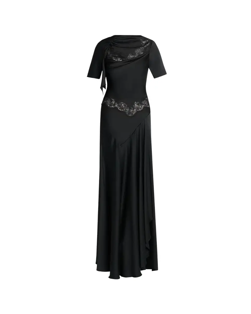 McQueen Lace-Inset Draped Satin Evening Dress