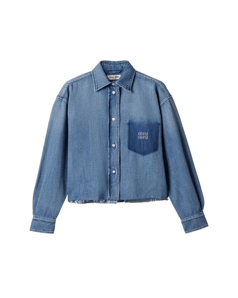 Miu Miu Denim Long-Sleeve Crop Button-Down Shirt