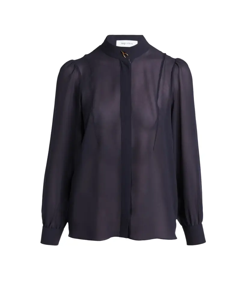 McQueen Wishbone-Button Silk Chiffon Button-Down Blouse