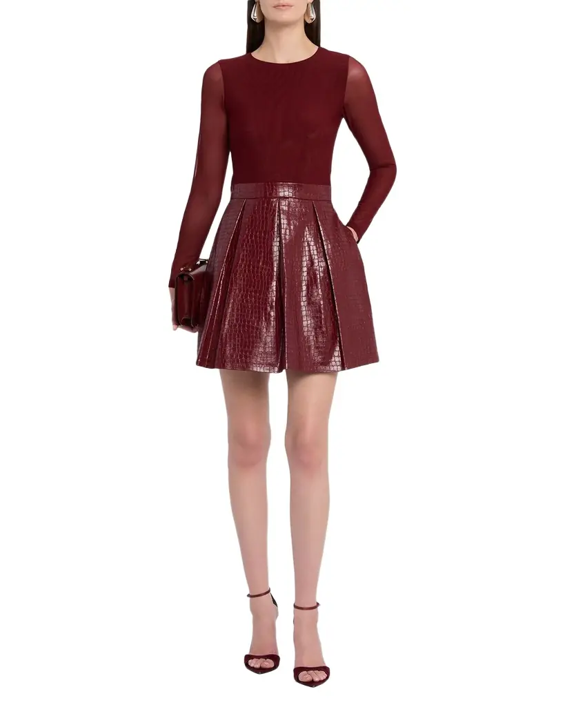 chara vegan leather mini dress Chara Vegan Leather Long-Sleeve Pleated Mini Dress