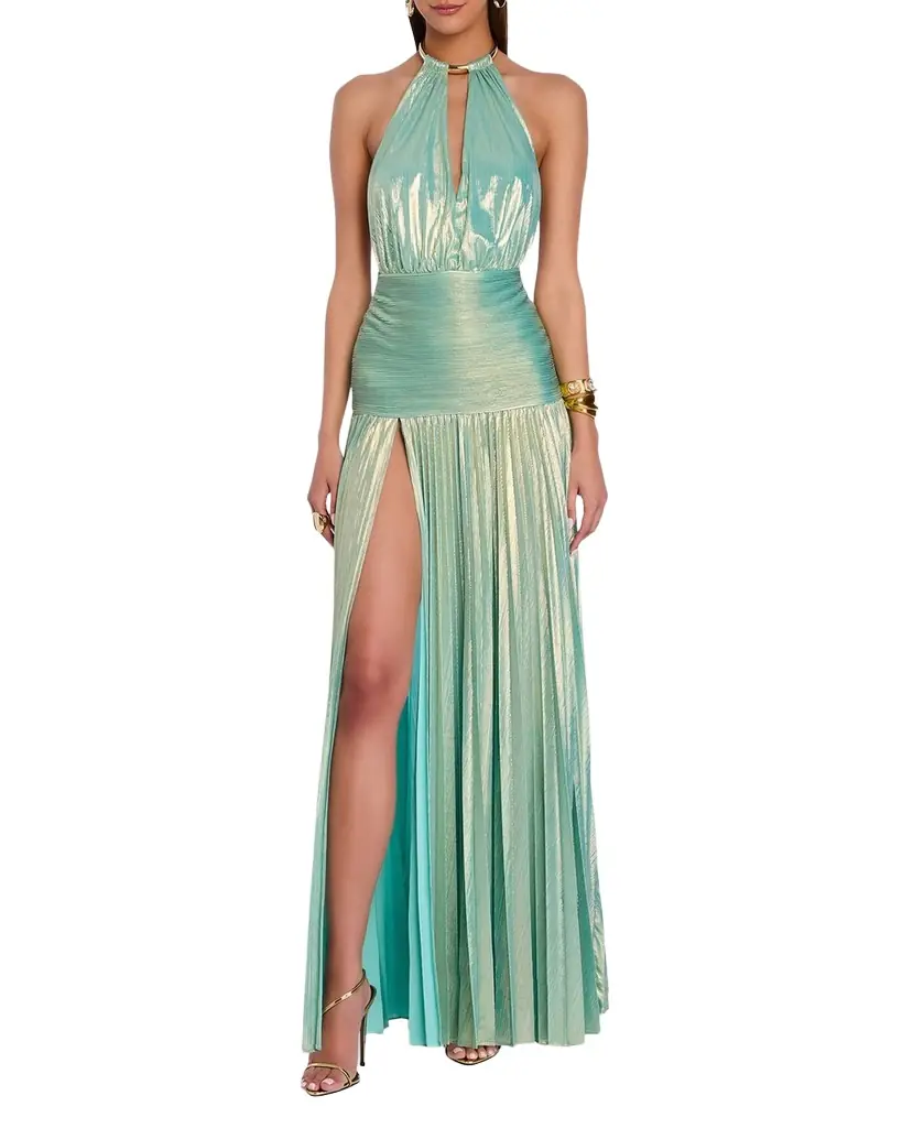 Retrofete Faelina Lamé Open-Back Choker Gown