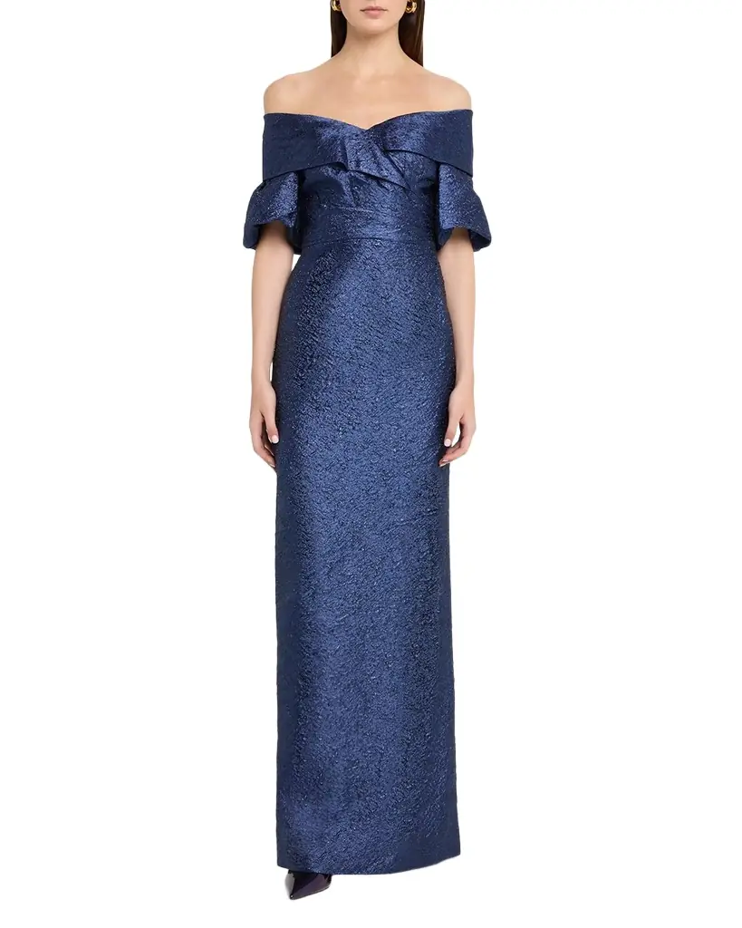 Rickie Freeman for Teri Jon Off-Shoulder Jacquard Column Gown