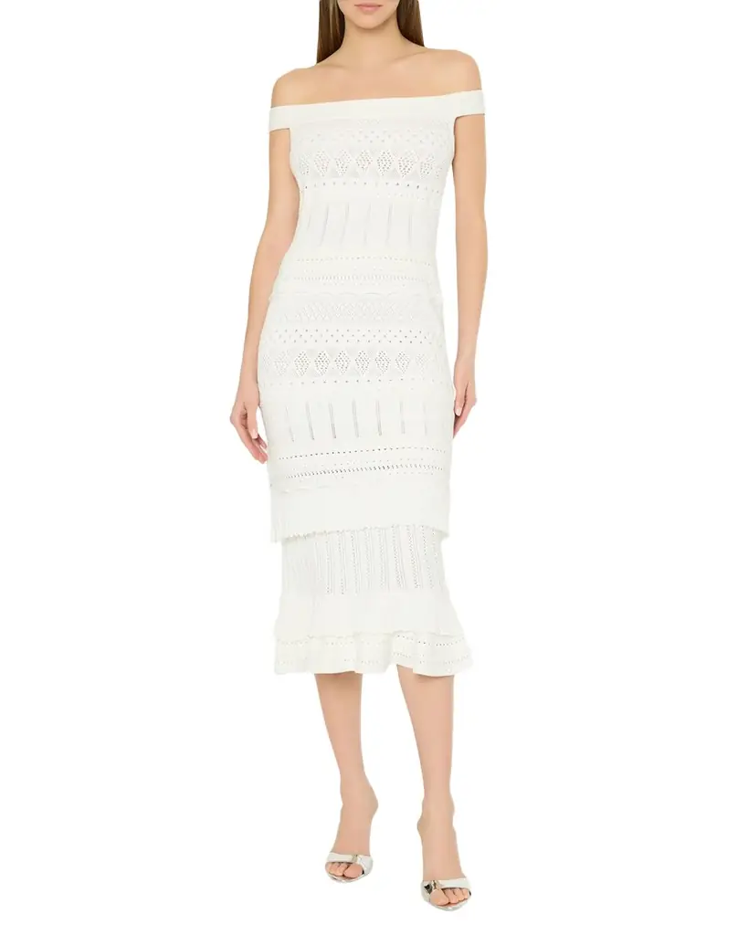 Milly Maven Off-Shoulder Pointelle Midi Sheath Dress