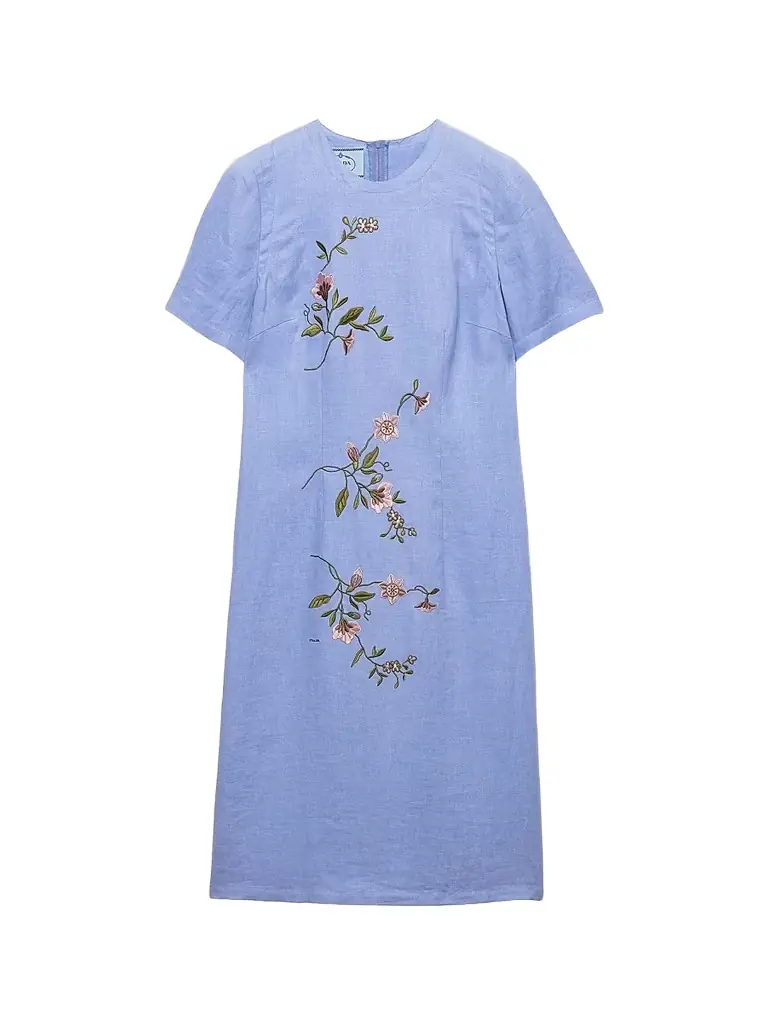 Prada Women's Embroidered Linen Dress - Blue