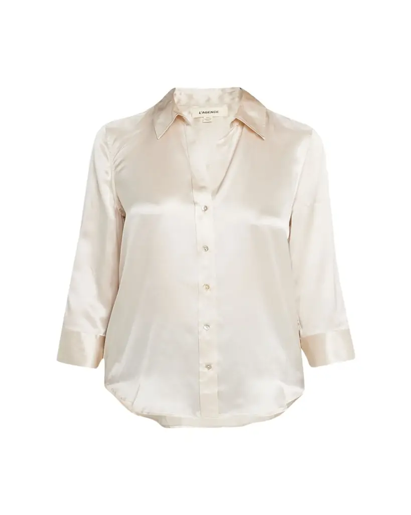 L'Agence Dani Silk Satin 3/4-Sleeve Button-Down Blouse