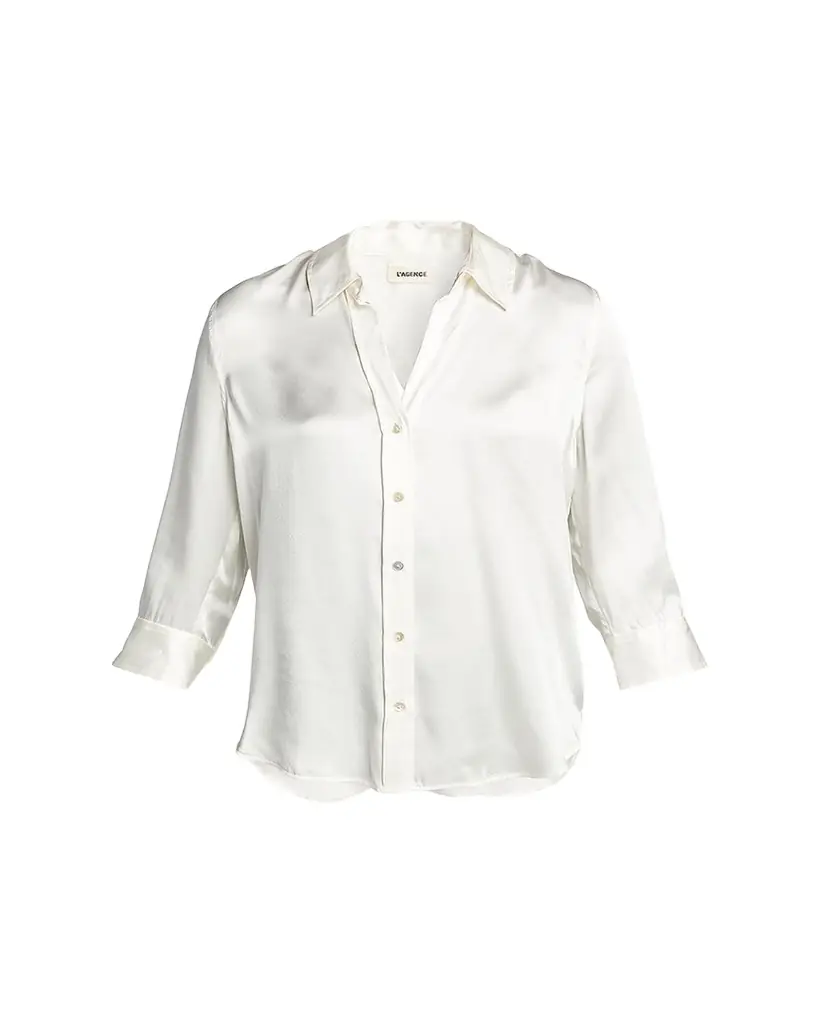 L'Agence Dani Silk Satin 3/4-Sleeve Button-Down Blouse