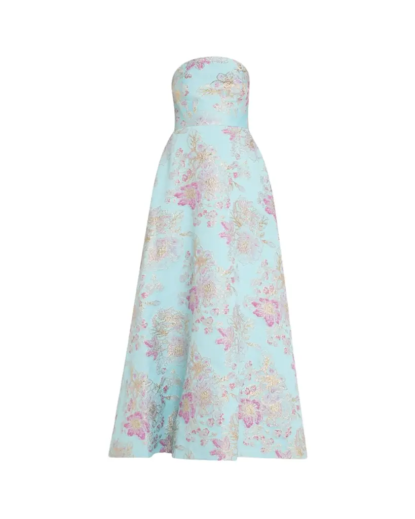 Rickie Freeman for Teri Jon Strapless Metallic Floral Jacquard Gown