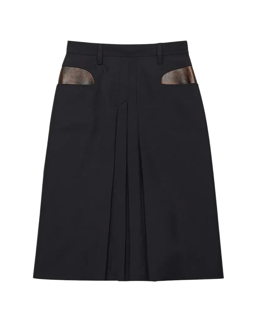 Prada Leather-Pockets Wool Midi Skirt