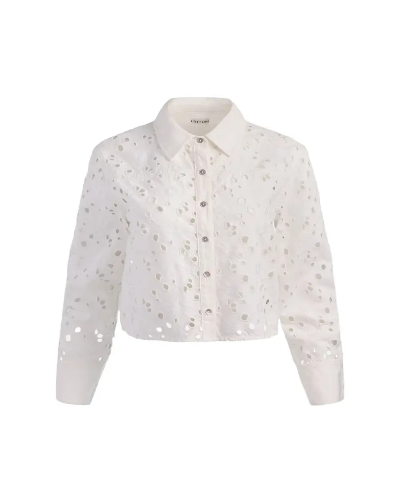 ALICE + OLIVIA Finely Laser-Cut Denim Cropped Shirt