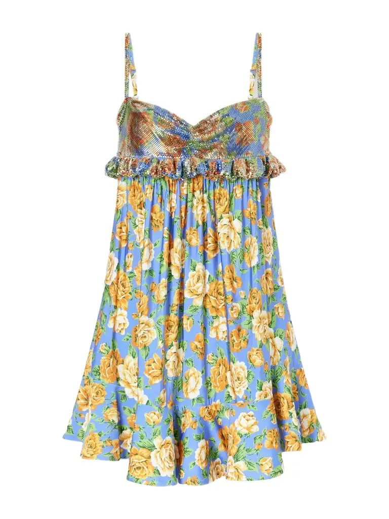Rabanne Embellished Ruffled Floral-print Jersey Mini Dress