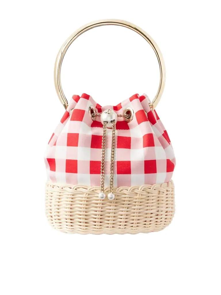 Jimmy Choo Bon Bon Embellished Woven Raffia Checked Woven Bucket Bag