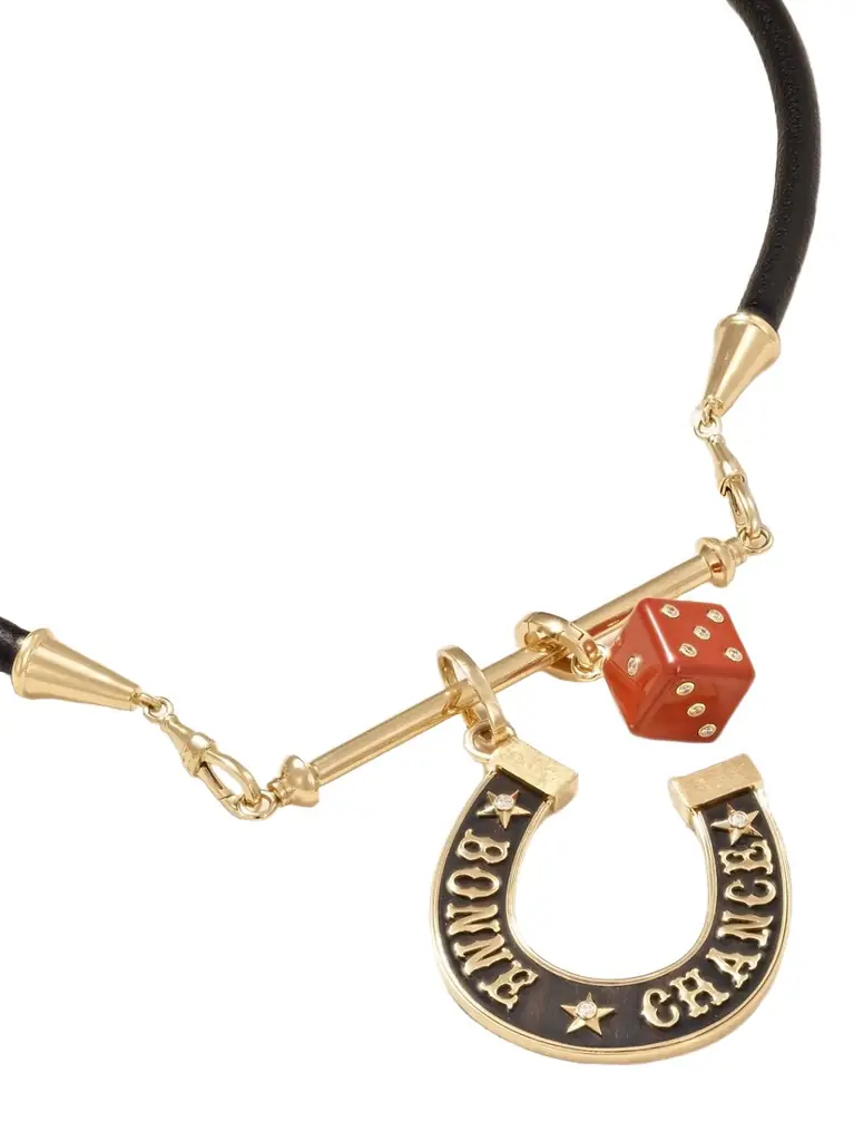 Marie Lichtenberg Lasso, Jasper Dado And Bonne Chance Jumbo 18-karat Gold, Ebony And Diamond Leather Necklace