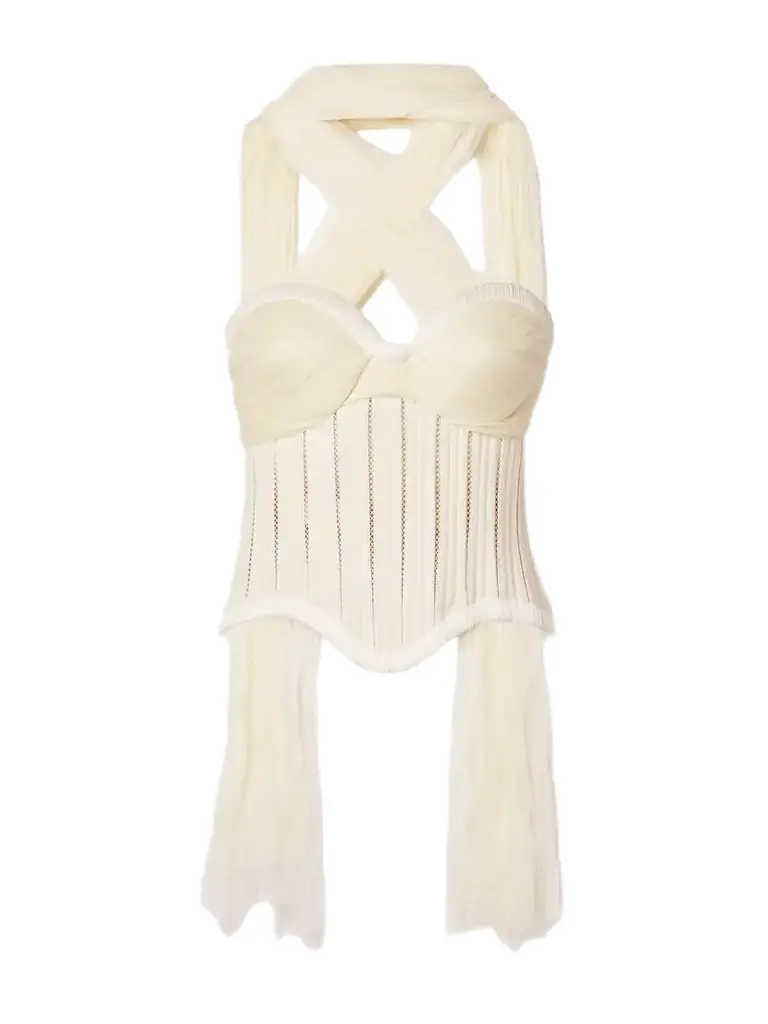 Danielle Frankel Anika Strapless Cotton-blend Twill, Tulle And Plissé-satin Bustier Top