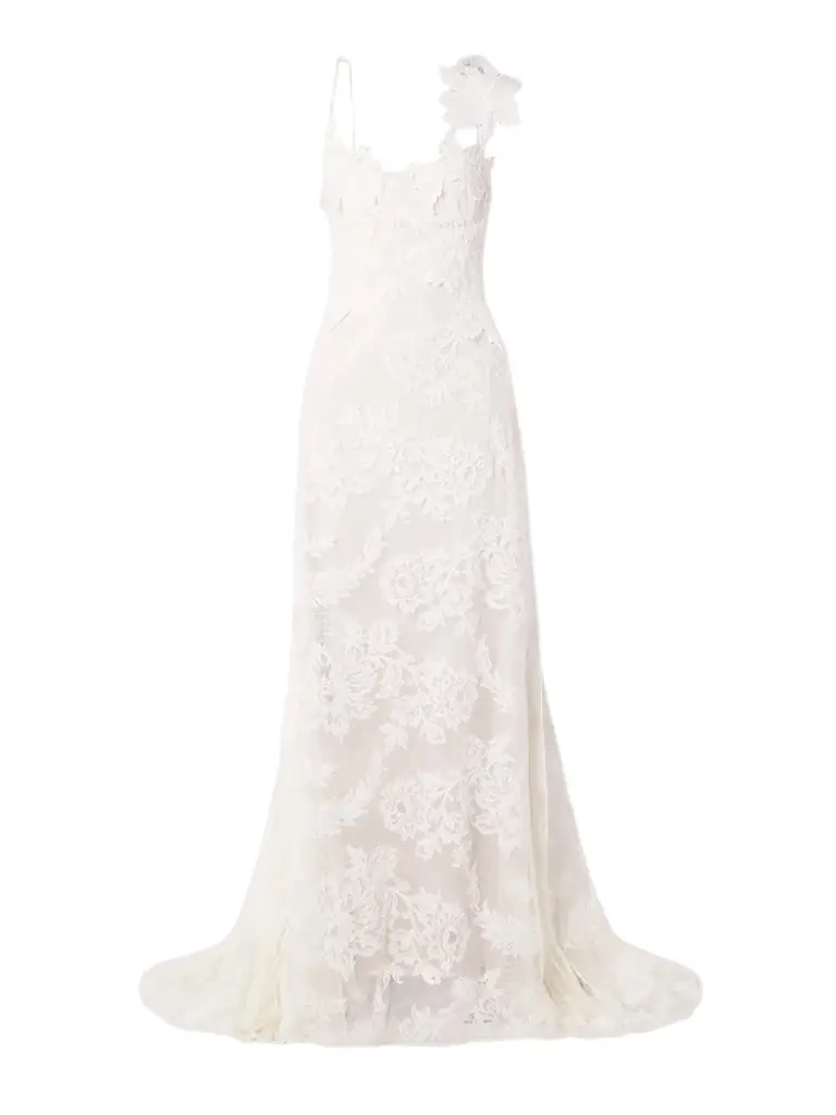Danielle Frankel Edie Appliquéd Silk Chiffon-trimmed Cotton-blend Corded Lace Gown