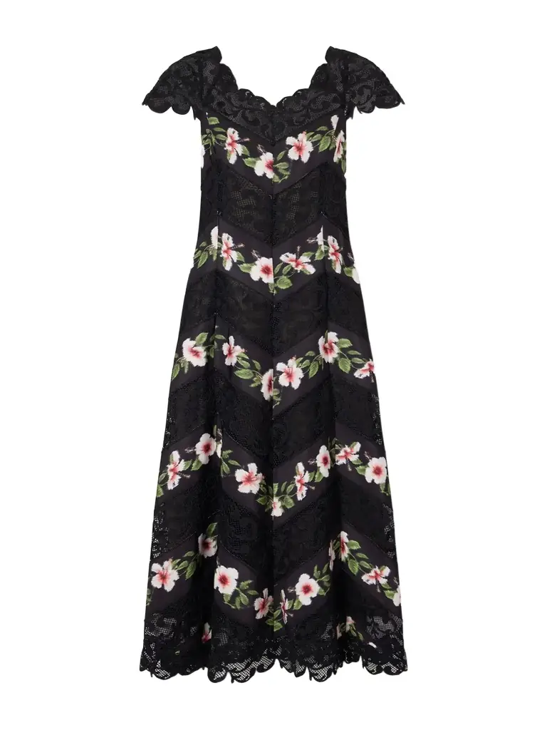 Oscar de la Renta Floral-print Faille And Lace Midi Dress