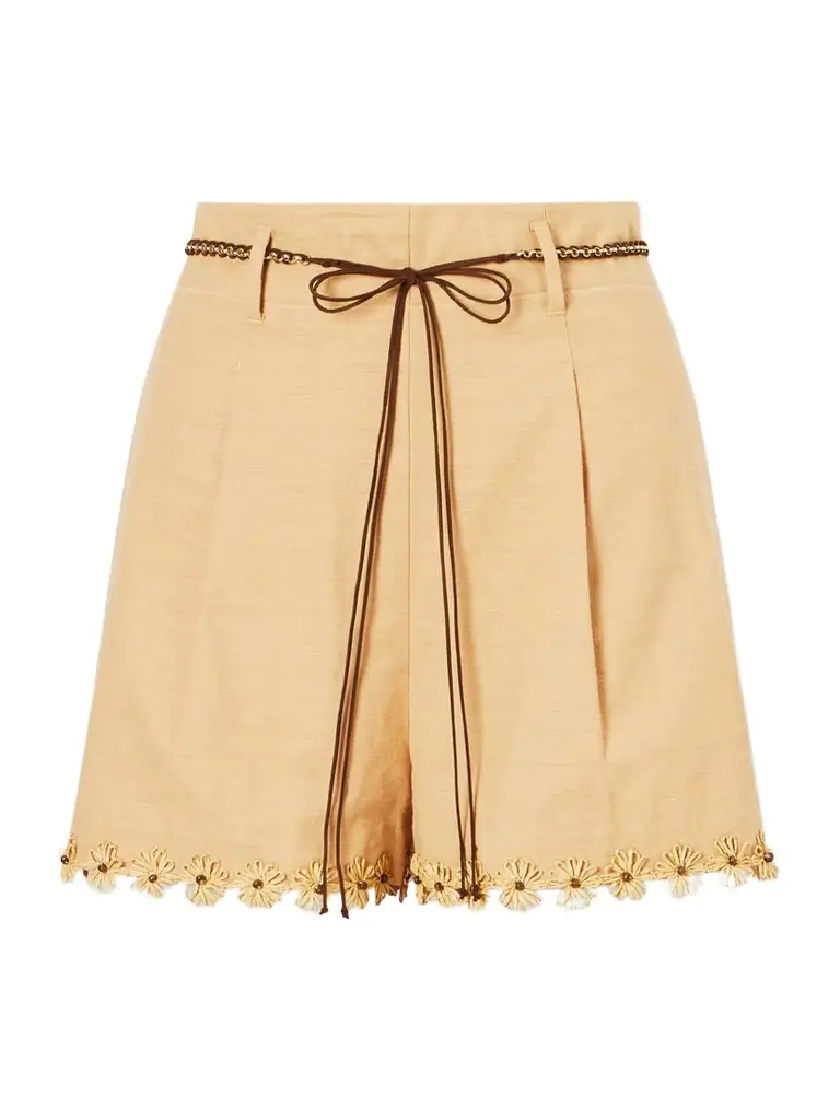 Zimmermann Mahon Flower Pleated Leather And Raffia-trimmed Cotton Shorts