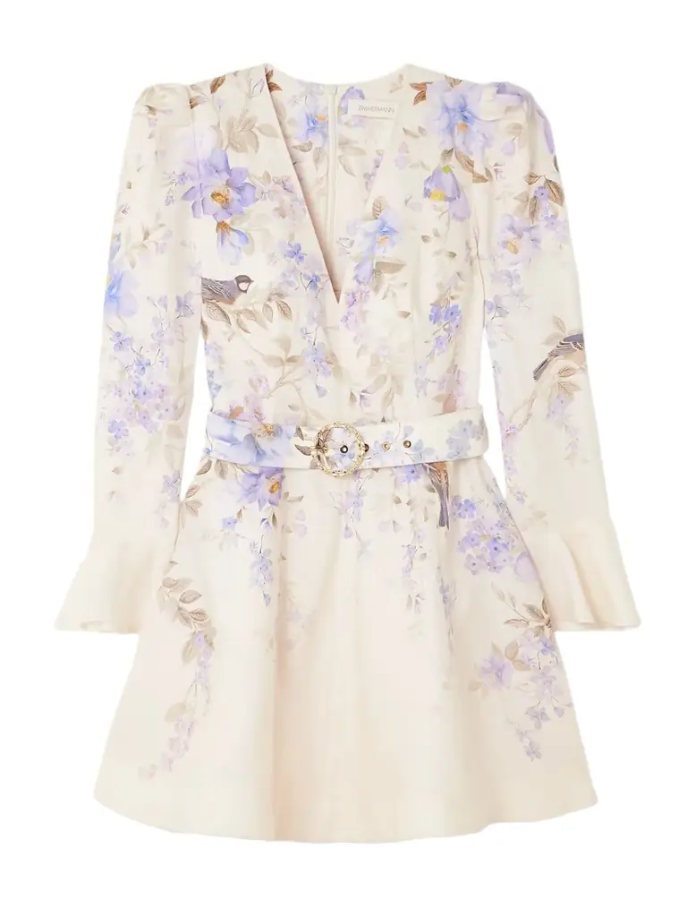 Zimmermann Luna Belted Floral-print Linen Mini Dress
