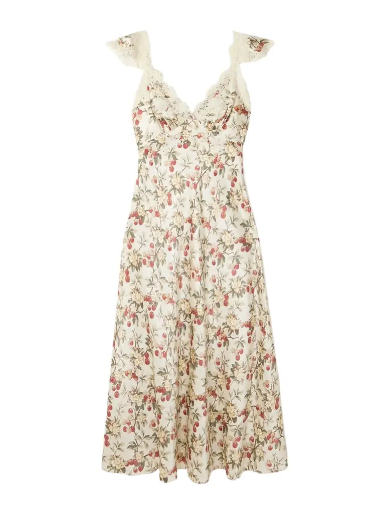 DÔEN Fiona Lace-trimmed Floral-print Silk-satin Midi Dress