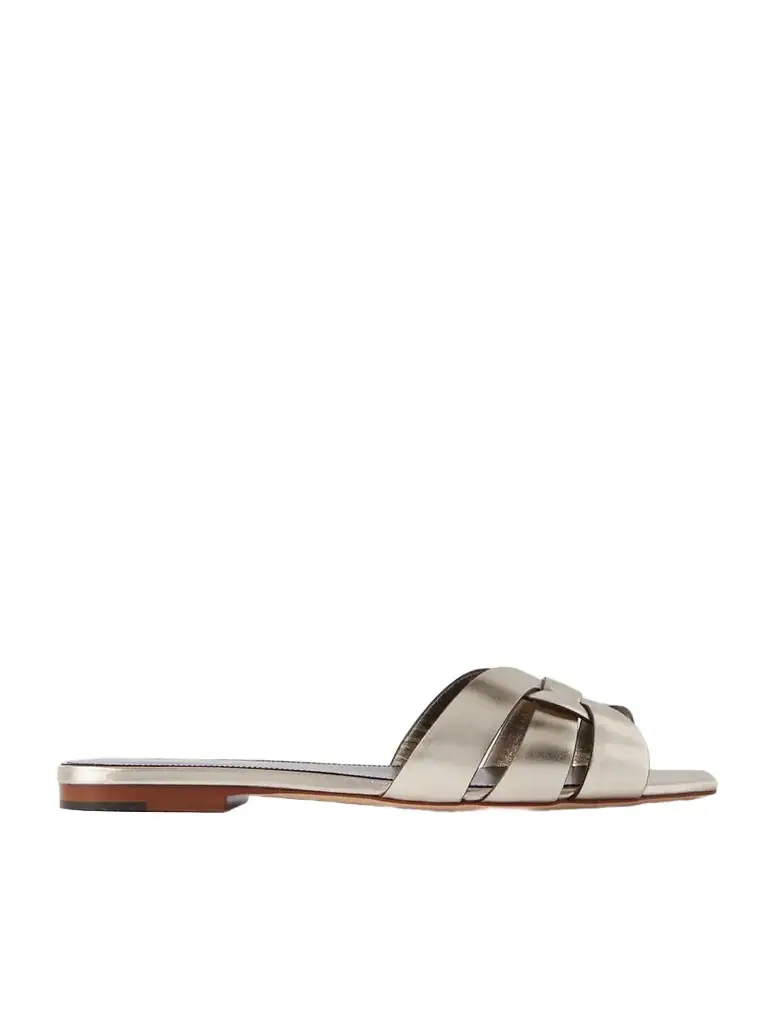 Saint Laurent Tribute Woven Metallic Leather Slides