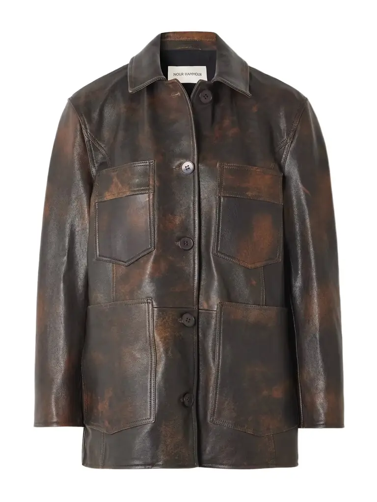 Nour Hammour Seleste Paneled Distressed Leather Jacket