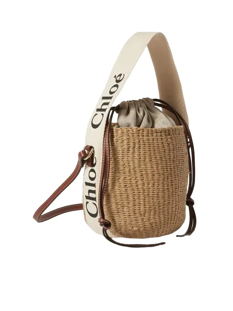 Chloé Woody Small Leather-trimmed Raffia Basket Bag
