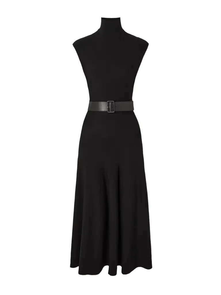 Alaïa Belted Leather-trimmed Wool-blend Turtleneck Midi Dress