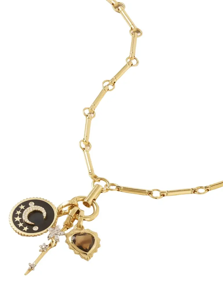 Foundrae 18-karat Gold, Enamel, Diamond And Quartz Necklace