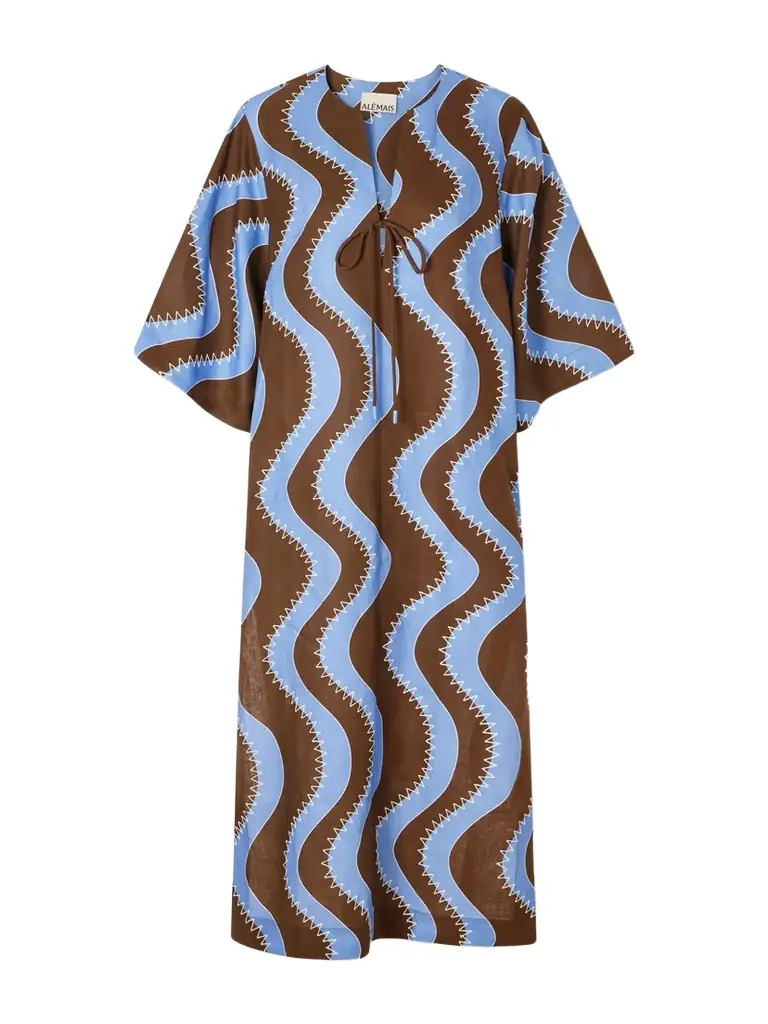 ALÉMAIS Tie-detailed Embroidered Linen Midi Dress