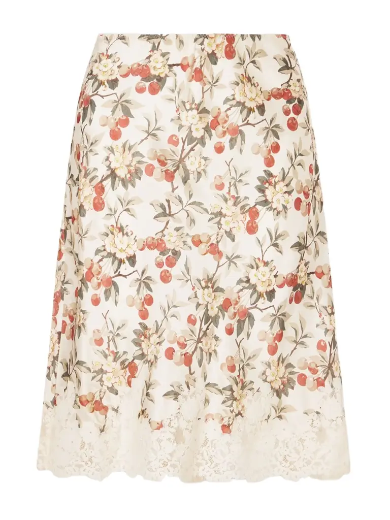 DÔEN Elowette Lace-trimmed Floral-print Silk-satin Midi Skirt
