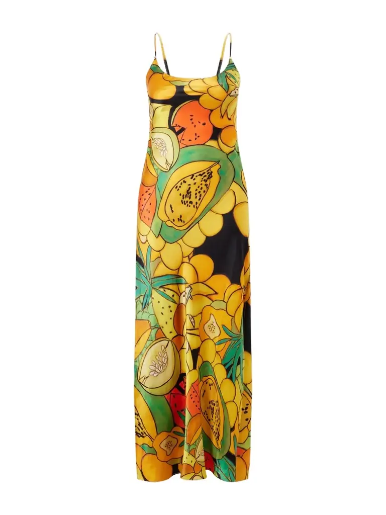 Donde Esteban Frutas Printed Silk-blend Satin Maxi Dress