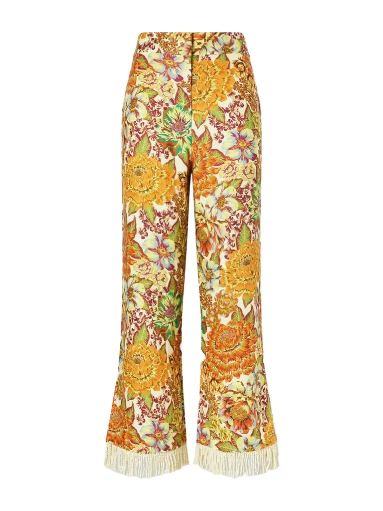 ALÉMAIS Lana Fringed Floral-print Linen Flared Pants