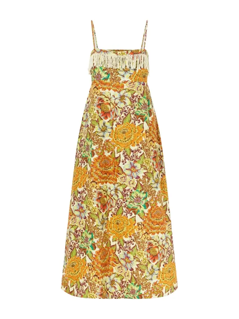 ALÉMAIS Lana Fringed Floral-print Linen Midi Dress