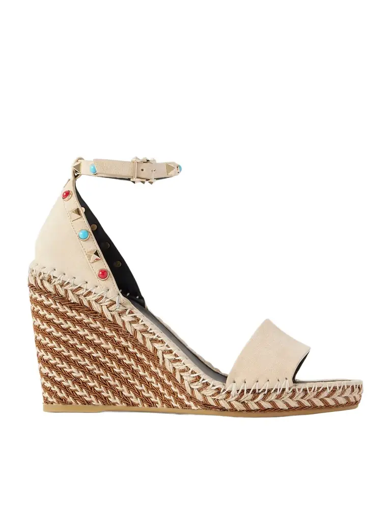Valentino Garavani Rockstud 105 Bead-embellished Suede Espadrille Wedge Sandals