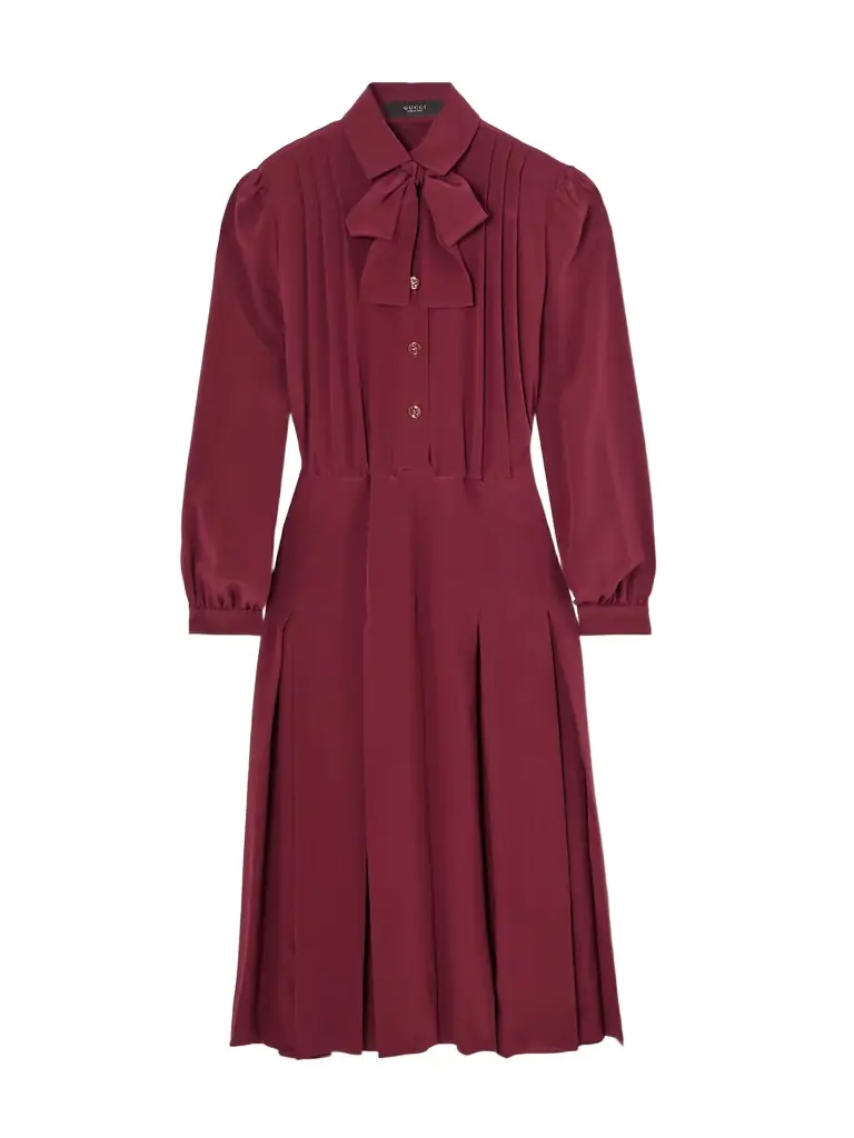 Gucci Pintucked Bow-detailed Silk Crepe De Chine Midi Shirt Dress
