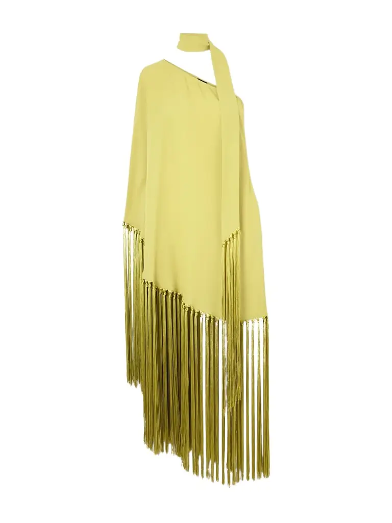 Taller Marmo Gunilla One-shoulder Scarf-detailed Fringed Crepe Mini Dress
