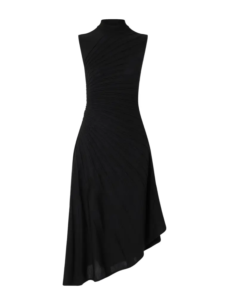 Alaïa Asymmetric Ribbed Wool Turtleneck Midi Dress