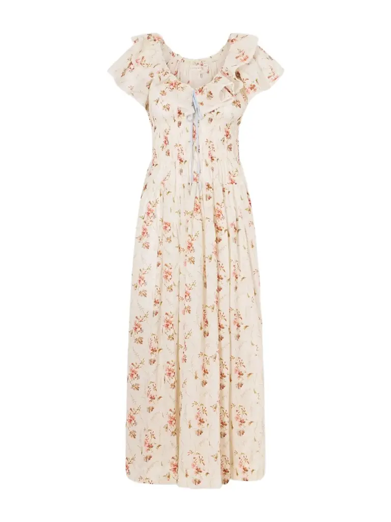 DÔEN Illiana Lace-trimmed Shirred Floral-print Organic Cotton Dress
