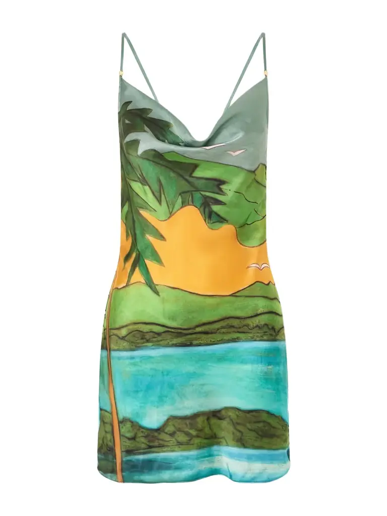 Donde Esteban Magdalena Draped Printed Silk-blend Satin Mini Dress