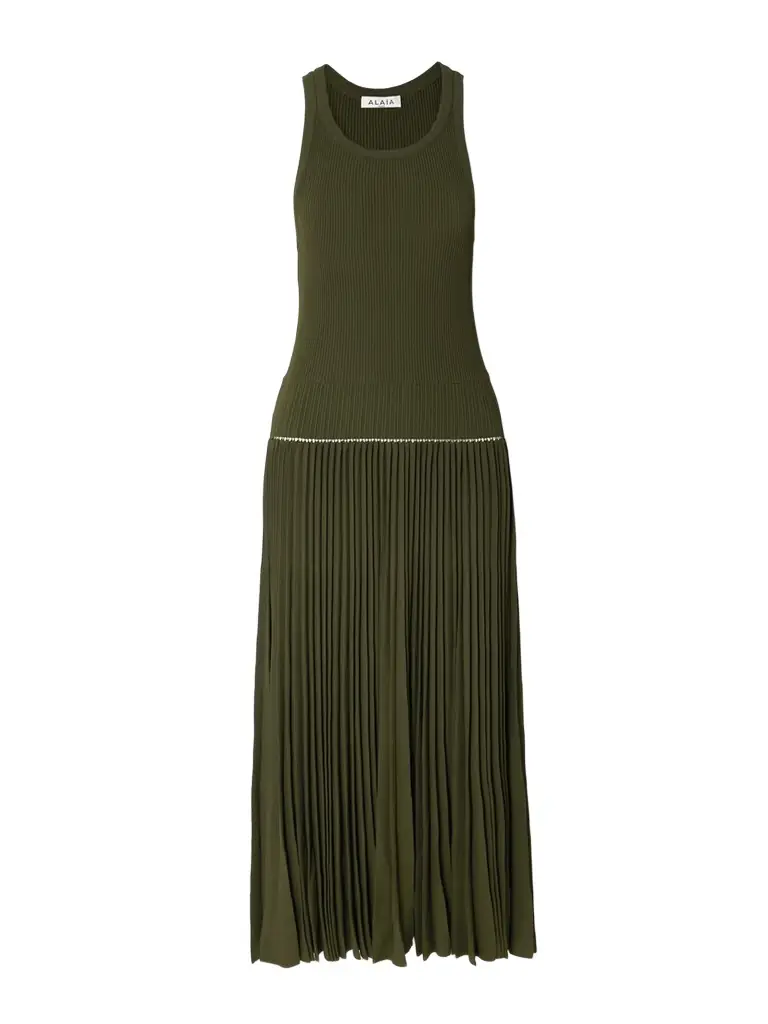 Alaïa Pleated Pointelle-trimmed Ribbed-knit Midi Dress