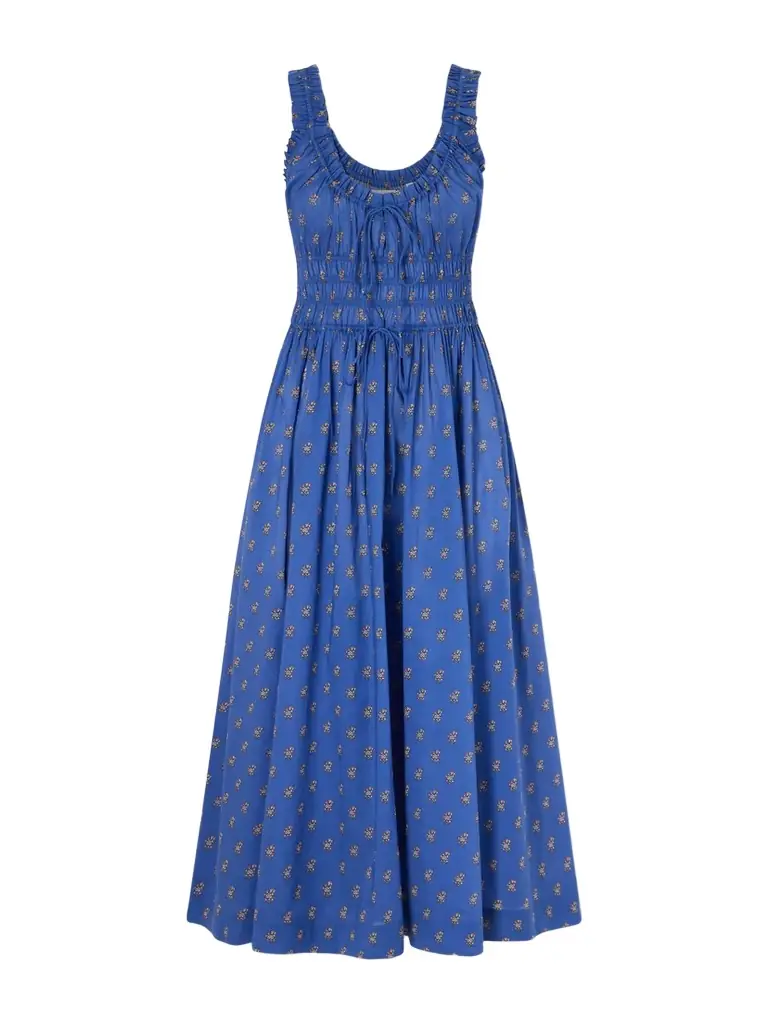 DÔEN Emmaretta Shirred Floral-print Cotton Midi Dress - Women's Clothing