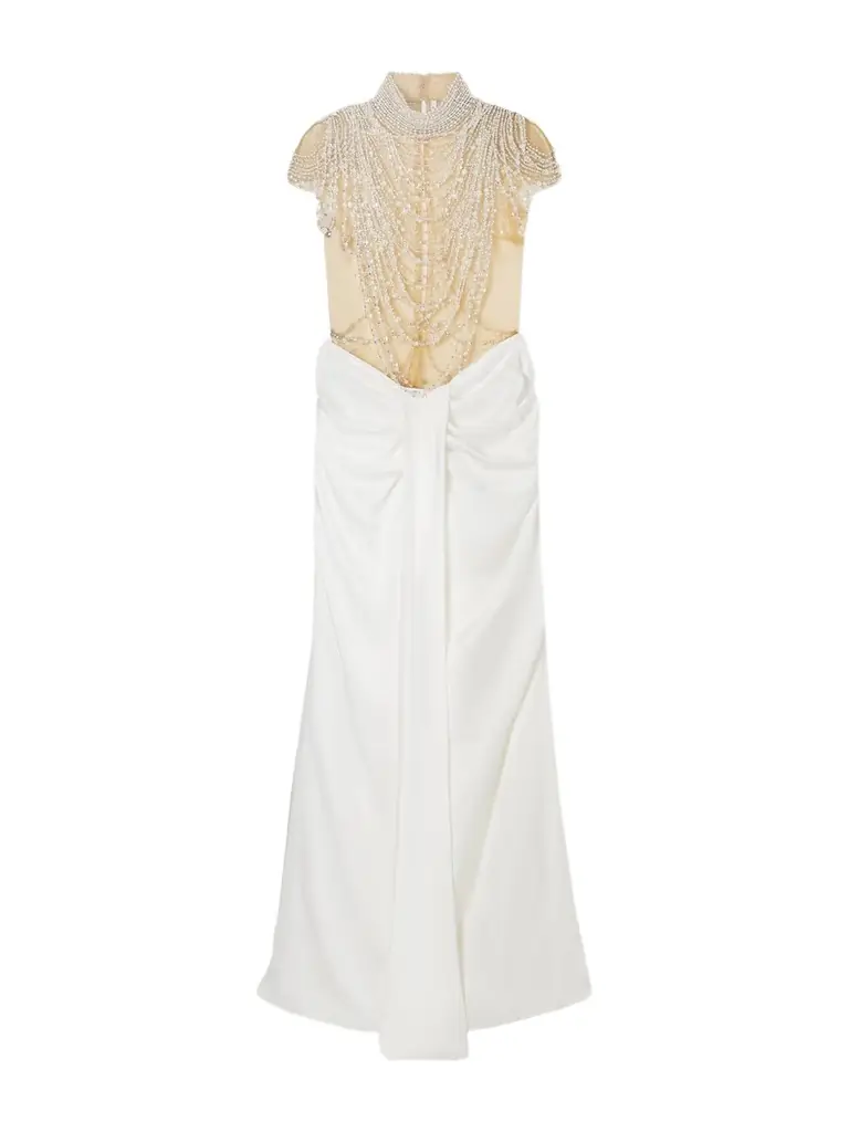 Clio Peppiatt Zsa Zsa Draped Gathered Embellished Mesh And Satin Gown