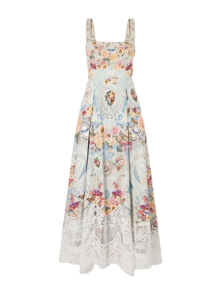 Camilla Printed Lace-trimmed Cotton-blend Midi Dress