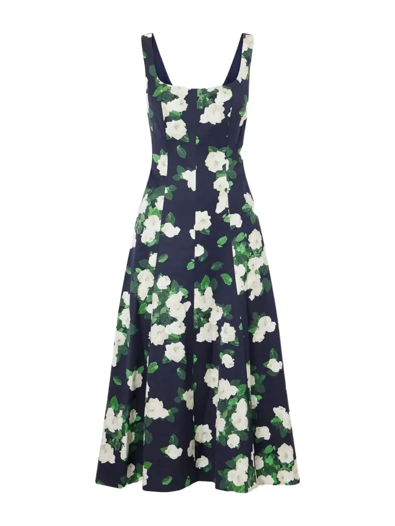 Carolina Herrera Floral-print Faille Midi Dress - Navy